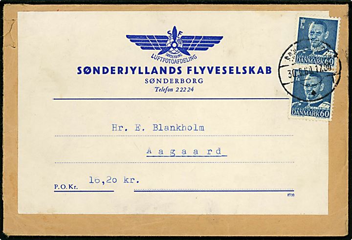 60 øre Fr. IX i parstykke på brev med postopkrævning fra Sønderjyllands Flyveselskab's Fotoafdeling i Sønderborg d. 30.6.1960 til Aagaard.
