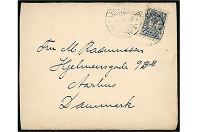 Russisk 10 kop. Våben anvendt i Finland på brev fra styrmand Rasmussen ombord på S/S I. P. Justesen i Torneå annulleret med 2-sproget stempel i Kuusiluoto (lille ø ved Torneå) d. 10.9.1913 via Kemi til Aarhus.