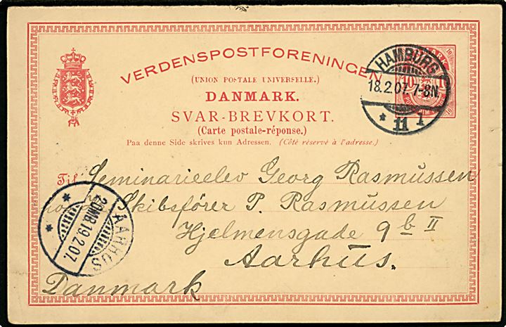 10 øre Våben svardel af dobbelt helsagsbrevkort annulleret med tysk stempel i Hamburg d. 18.2.1907 til Aarhus, Danmark.