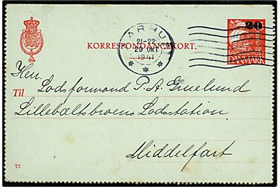20/15 øre provisorisk helsags korrespondancekort (fabr. 72) fra Aarhus d. 29.10.1941 til Lodsformand ved Lillebæltsbroens Lodsstation pr. Middelfart. 