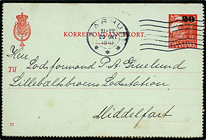 20/15 øre provisorisk helsags korrespondancekort (fabr. 72) fra Aarhus d. 29.10.1941 til Lodsformand ved Lillebæltsbroens Lodsstation pr. Middelfart. 