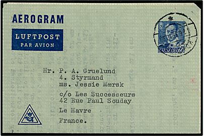 60 øre Fr. IX helsags aerogram (fabr. 7) fra Kolding d. 12.6.1953 til styrmand ombord på M/S Jessie Mærsk i le Havre, Frankrig.