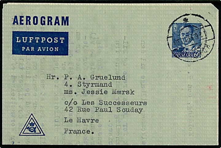 60 øre Fr. IX helsags aerogram (fabr. 7) fra Kolding d. 12.6.1953 til styrmand ombord på M/S Jessie Mærsk i le Havre, Frankrig.