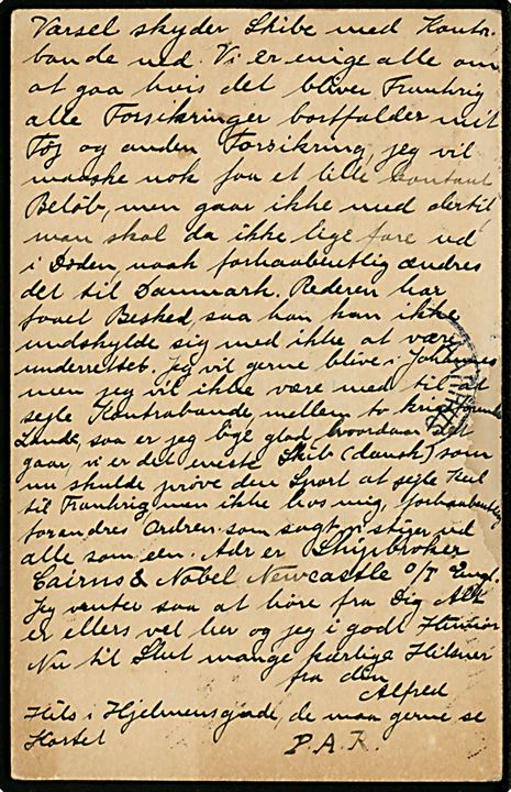 5 øre Chr. X på brevkort annulleret med stjernestempel STIGE og sidestemplet Odense d. 30.4.1915 til København. Interessant meddelelse vedr. utilfredshed med at skulle sejle med kul mellem England og Frankrig, 
