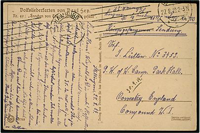 Ufrankeret krigsfangebrevkort fra Hamburg d. 27.8.1919 til tysk krigsfange i PoW Camp Park Hall pr. Oswestry, England.