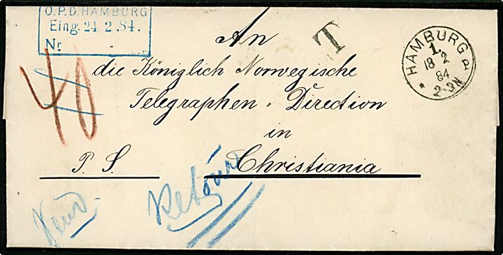 1884. Ufrankeret postsag mærket P.S. fra Kaiserl. Deusche Ober-Post-Direction i Hamburg d. 18.2.1884 til den kongelige norske telegraf direktion i Christiania, Norge. Udtakseret i porto og returneret som modtagelse nægtet.
