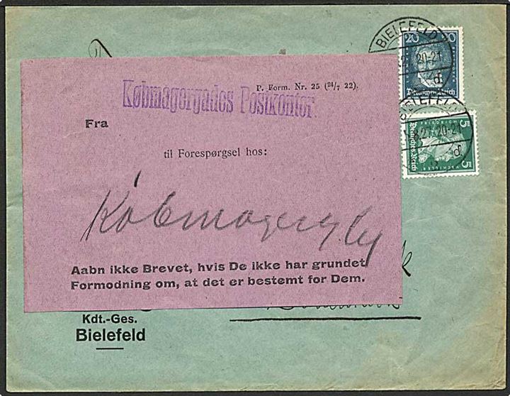 5 pfg. Schiller og 20 pfg. Beethoven på brev fra Bielefeld d. 5.8.1927 til København, Danmark. forespurgt med vignet fra  Købmagergades Postkontor.