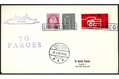 Norsk 1,25 kr. blandingsfrankeret skibsbrev annulleret ÚR NOREGI og sidestemplet Tórshavn d. 28.8.1976 til Bagsværd.