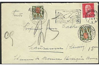 15 pfg. Hindenburg på underfrankeret brev fra Freiburg d. 18.11.1929 til Lausanne, Schweiz. 2 stk. 25 c. Portomærker stemplet Lausanne. Ene med liniestempel Annullé.