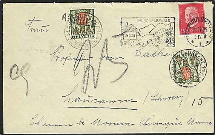15 pfg. Hindenburg på underfrankeret brev fra Freiburg d. 18.11.1929 til Lausanne, Schweiz. 2 stk. 25 c. Portomærker stemplet Lausanne. Ene med liniestempel Annullé.