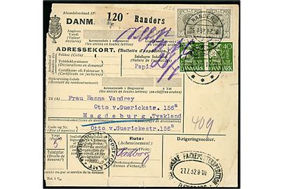40 øre Karavel (par) og 50 øre Chr. X (par) på adressebrev for pakke fra Randers d. 25.7.1932 til Magdeburg, Tyskland. Ovalt transit stempel fra Den Danske Pakkepostekspedition * Flensborg * d. 27.7.1937.