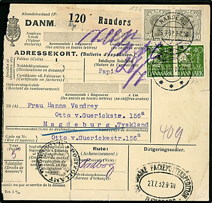 40 øre Karavel (par) og 50 øre Chr. X (par) på adressebrev for pakke fra Randers d. 25.7.1932 til Magdeburg, Tyskland. Ovalt transit stempel fra Den Danske Pakkepostekspedition * Flensborg * d. 27.7.1937.