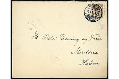 20 øre Chr. X (rift) på brev annulleret med bureaustempel Nyborg - Svendborg T.25 d. 13.4.1922 til Hobro.