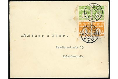 1 øre og 7 øre Bølgelinie sammentryk i fireblok på brev fra Nyborg d. 6.5.1930 til København.