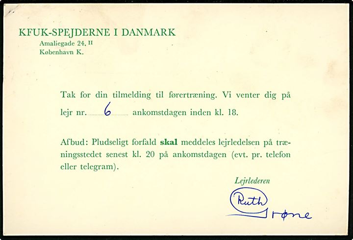 12 øre Bølgelinie på tryksagskort fra KFUK-Spejderne i Danmark annulleret med TMS KAROLINE-MESSEN Danmarks bedst besøgte messe / Ålborg 3. d. 27.6.1961 til Ågård pr. Kolding.