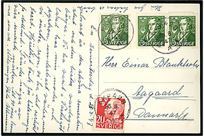 5 öre Geijer (3) og 20 öre Nobel på brevkort annulleret med bureaustempel PKP 428 (= Örebro - Mjölby) d. 25.8.1947 til Aagaard, Sverige.