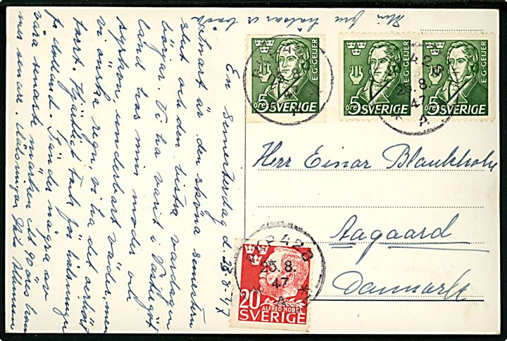 5 öre Geijer (3) og 20 öre Nobel på brevkort annulleret med bureaustempel PKP 428 (= Örebro - Mjölby) d. 25.8.1947 til Aagaard, Sverige.