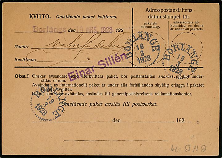60 öre Tre Kroner annulleret med liniestempel Einar Sillén på Adressekort til returpakker fra Lottefors d. 16.3.1938 til Borlänge.