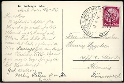 15 pfg. Hindenburg på brevkort (Hamburg havn) annulleret med skibsstempel Deutsche Schiffspost MS Monte Rosa London-Reise d. 12.8.1936 til Herning, Danmark.