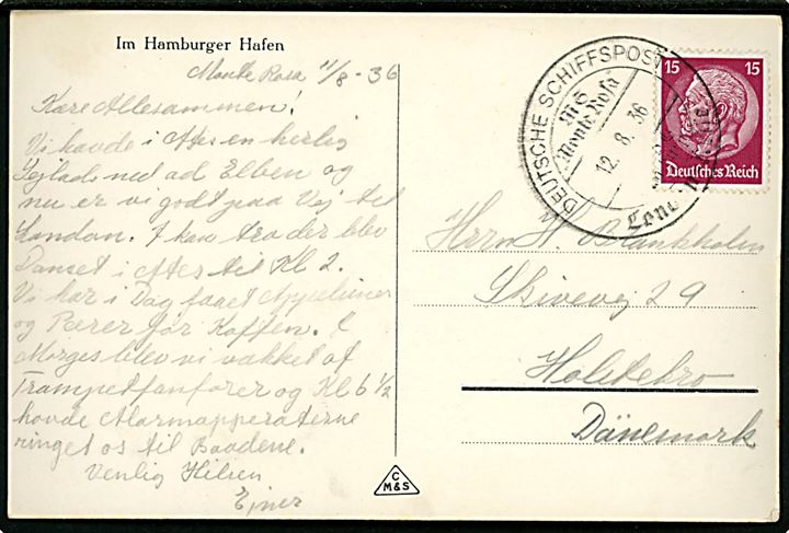 15 pfg. Hindenburg på brevkort (Hamburg havn) annulleret med skibsstempel Deutsche Schiffspost MS Monte Rosa London-Reise d. 12.8.1936 til Holstebro, Danmark.