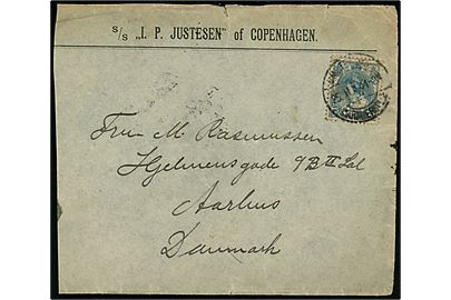 Hollandsk 12½ c. med perfin V på fortrykt kuvert fra S/S I. P. Justesen af København stemplet Amsterdam s. 25.2.1914 til Aarhus, Danmark.