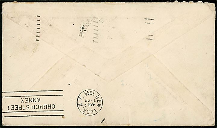 Amerikansk 3 cents Defence (2) på brev fra Oakland d. 28.2.1944 til dansk sømand via kgl. danske Konsulat i New York - eftersendt til Isbrandtsen Steamship Company og igen til Liberty-skibet S/S A. Mitchell Palmer. 