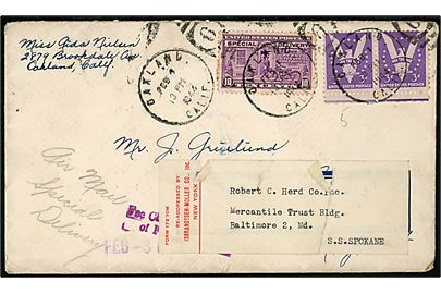Amerikansk 3 cents Win the War (par) og 10 cents Special Delivery på luftpost ekspresbrev fra Oakland d. 4.2.1944 til dansk sømand c/o danske konsulat i New York - eftersendt til rederiet Isbrandtsen Moller Co. og igen til S/S Spokane i Baltimore. 