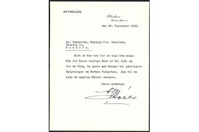 25 øre Fr. IX med perfin APM på fortrykt kuvert fra A.P.Møller i København d. 26.9.1950 til Horsens - eftersendt til Randers. Indeholder kort brev med underskrift fra Arnold Peter Møller.