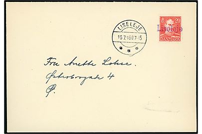 20 øre Chr. X på brev annulleret med violet liniestempel Liseleje og sidestemplet Liseleje d. 16.7.1946 til København.