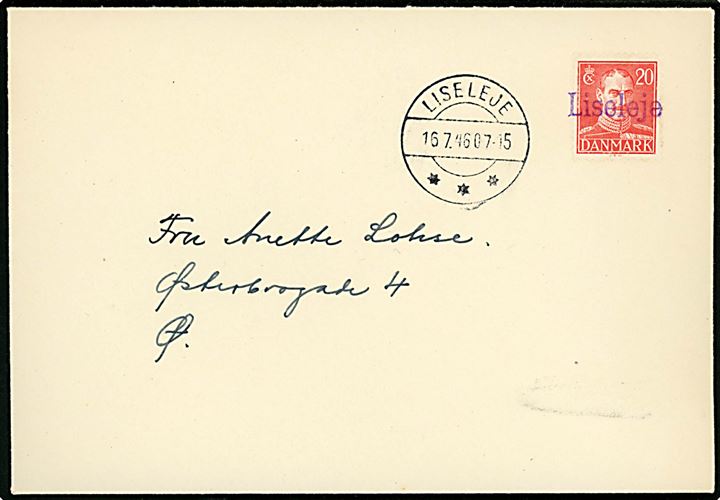 20 øre Chr. X på brev annulleret med violet liniestempel Liseleje og sidestemplet Liseleje d. 16.7.1946 til København.