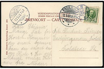5 øre Fr. VIII på brevkort (Badende børn ved stranden) annulleret med stjernestempel VIDEBÆK og sidestemplet Ringkjøbing d. 12.9.1908 til Troldhede St.