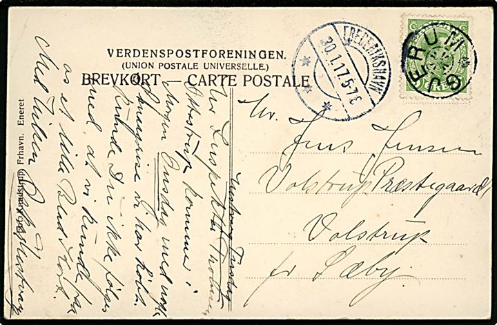 5 øre Chr. X på brevkort (Rubjerg Knude) annulleret med stjernestempel GJERUM og sidestemplet Frederikshavn d. 30.1.1917 til Volstrup pr. Sæby.