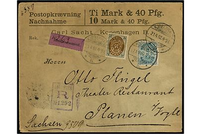 16 øre Tofarvet og 20 øre Våben på anbefalet brev med postopkrævning fra Kjøbenhavn d. 21.4.1902 til Plauen, Tyskland.