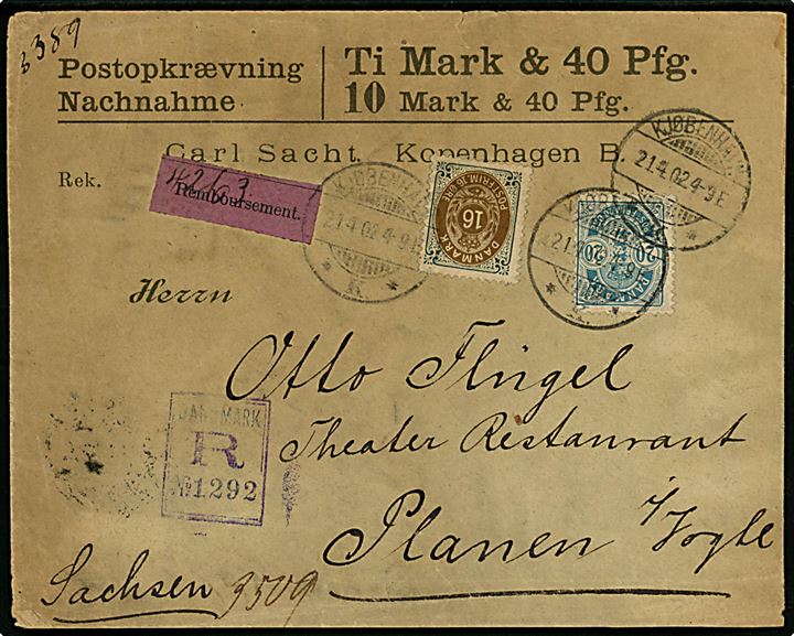 16 øre Tofarvet og 20 øre Våben på anbefalet brev med postopkrævning fra Kjøbenhavn d. 21.4.1902 til Plauen, Tyskland.