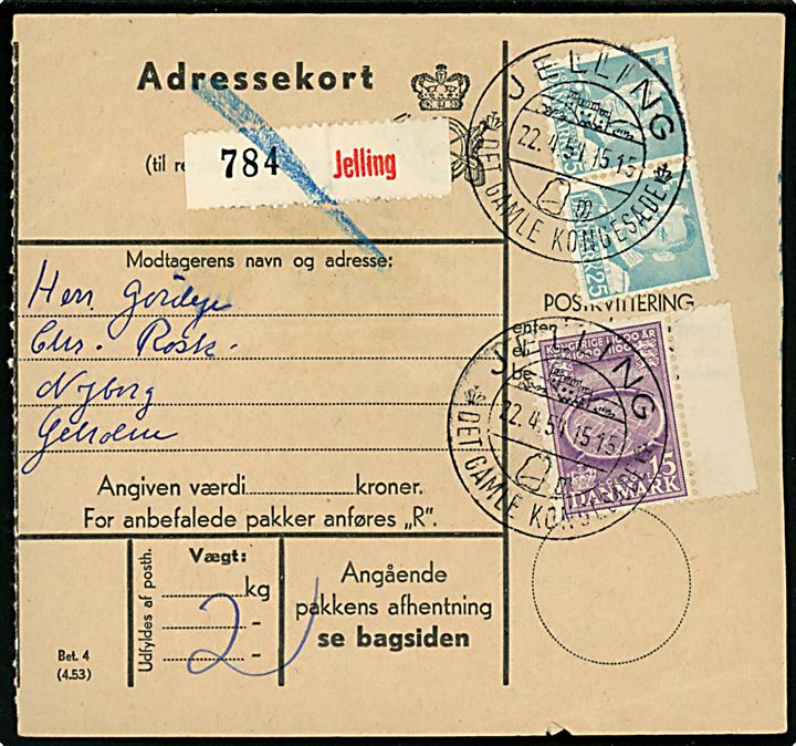 15 øre 1000 års udg. og 25 øre Fr. IX i parstykke på adressekort for pakke fra Jelling d. 22.4.1954 til Ølholm.
