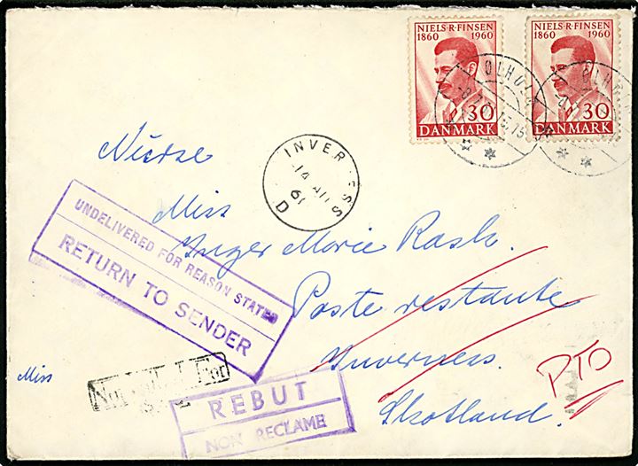 30 øre Finsen (2) på brev fra Ølholm d. 8.7.1961 til poste restante i Inverness, Scotland. Retur som ikke afhentet.