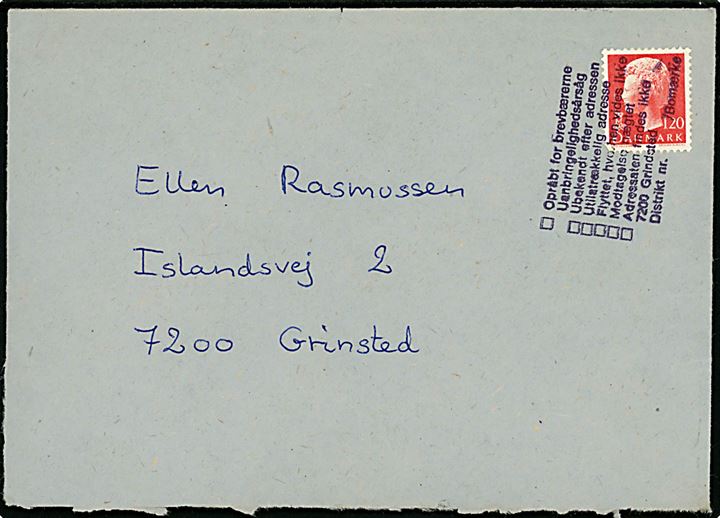 120 øre Margrethe på brev annulleret med kontorstempel til Grindsted. 