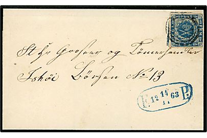 2 sk. 1855 udg. urent klippet på fodpostbrev i Kjøbenhavn annulleret med nr.stempel 1 og sidestemplet F:P: d. 14.11.1863 til Tømmerhandler Ishöi, Børsen No. 13.