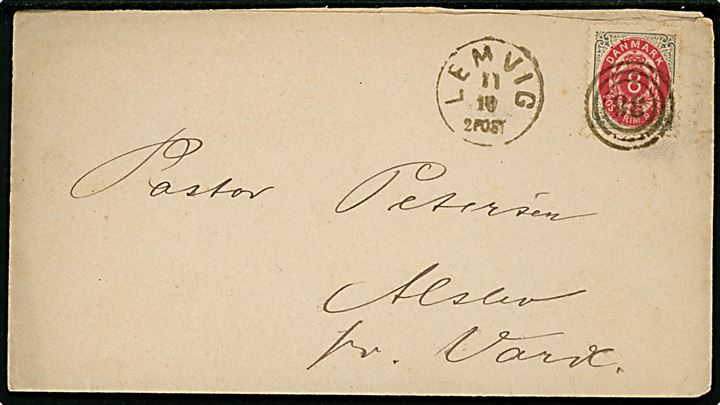 8 øre Tofarvet (defekt) på brev annulleret med nr.stempel 38 og sidestemplet lapidar Lemvig d. 11.10.1878 til Alslev pr. Varde.
