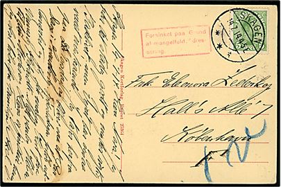 5 øre Chr. X på brevkort annulleret med brotype IIa Skagen d. 14.7.1914 til København. Rødt rammestempel: Forsinket paa Grund af mangelfuld Adressering.