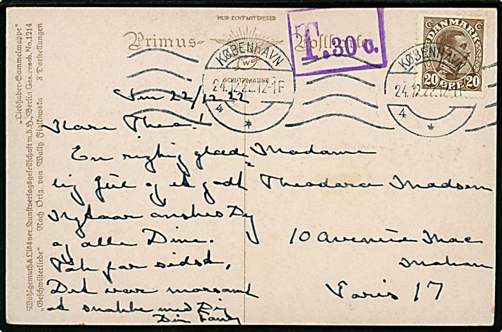 20 øre Chr. X single på underfrankeret brevkort fra København d. 24.12.1922 til Paris. Frankrig. Violet portostempel T. 30 c..