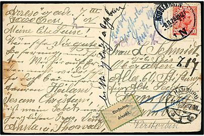20 øre Chr. X på brevkort fra Kjøbenhavn N. d. 8.11.1926 til Hamburg, Tyskland. Retur da modtageren er død med med 2-sproget etiket Verstorben / décédé.