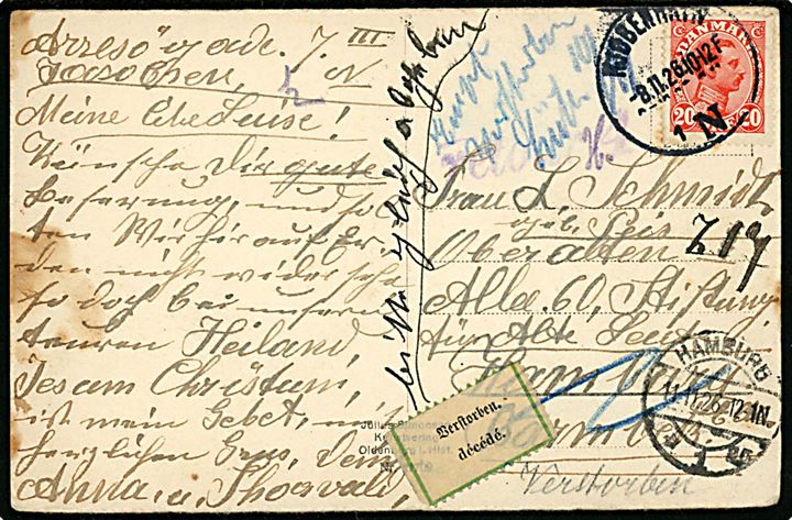20 øre Chr. X på brevkort fra Kjøbenhavn N. d. 8.11.1926 til Hamburg, Tyskland. Retur da modtageren er død med med 2-sproget etiket Verstorben / décédé.