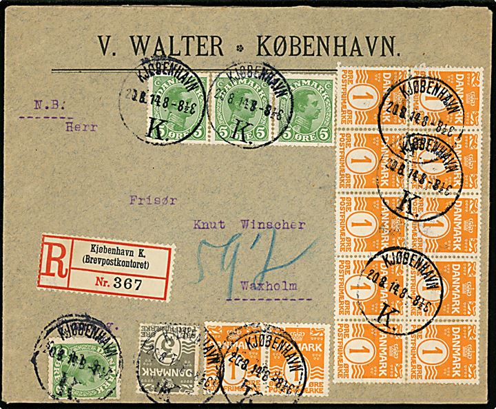 1 øre (12), 3 øre Bølgelinie og 5 øre Chr. X (4) på 35 øre frankeret 2. vægtkl. anbefalet brev fra Kjøbenhavn d. 20.8.1914 til Waxholm, Sverige.