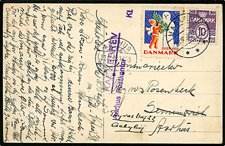 10 øre Bølgelinie og Julemærke 1938 på nytårskort fra Haslev d. 29.12.1938 til Aarhus - eftersendt til Aabyhøj med violet stempel: Kassebrev / Aarhus Postkontor Kl. 