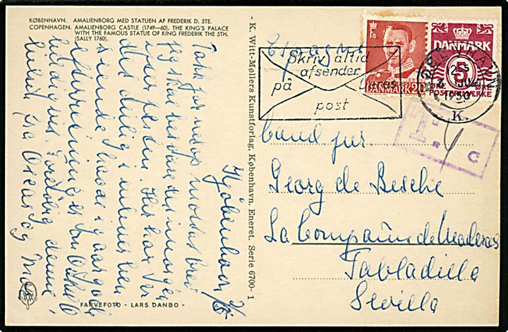 5 øre Bølgelinie og 20 øre Fr. IX på underfrankeret brevkort fra København d. 3.6.1950 til Sevilla, Spanien. Violet portostempel: T.4 c..