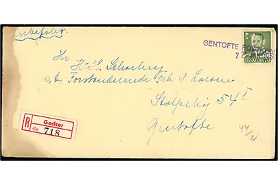 70 øre Fr. IX på anbefalet brev fra Gedser til Gentofte. Frimærke annulleret ved ankomst til Gentofte med violet kontorstempel: GENTOFTE POSTKONTOR / 22 JAN 1954. Skjold i venstre side.