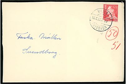 30 øre Fr. IX på afkortet aflang kuvert fra Thyborøn annulleret med bureaustempel Vemb - Thyborøn T.20 d. 16.6.1962 til Svendborg.