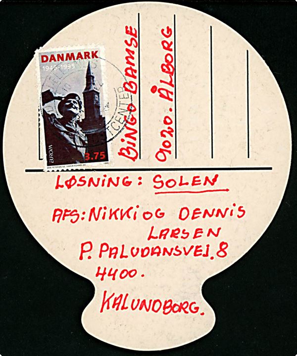 3,75 kr. Befrielse 50 år som frankering på en Carlsberg Classic øl-brik/postkort fra Kalundborg annulleret Midtsjællands Postcenter d. 9.11.1995 til Bingo Bamse konkurrence i Ålborg.