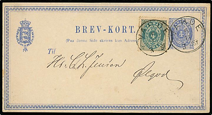 4 øre helsagsbrevkort opfrankeret med 4 øre Bølgelinie annulleret med lapidar Varde d. 5.11.1887 til Ølgod.
